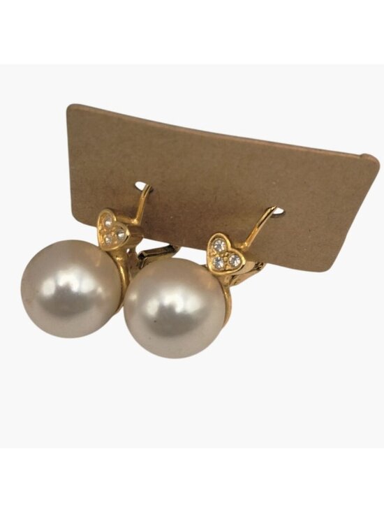 Bling Rescue Jewelry - Faux Pearl Crystal Heart Drop Pierced Earrings Gold Tone Wedding Valentine